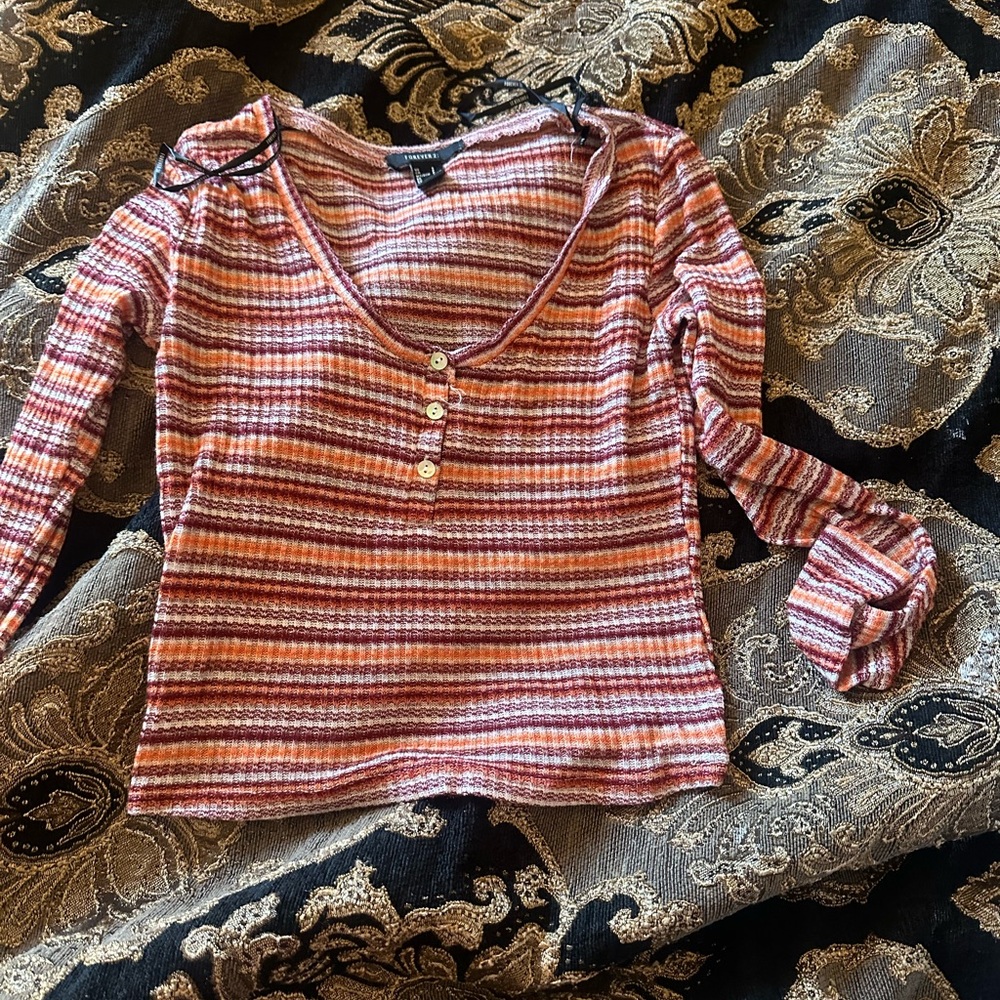 Forever 21 Pink and White Ribbed Buttoned Blouse